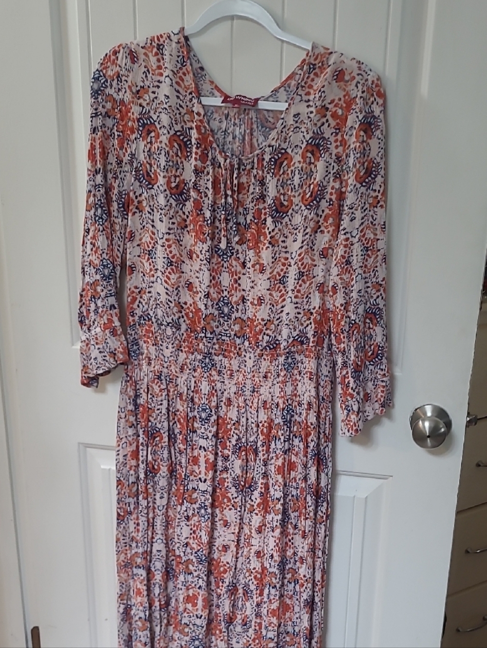 1x Downing Studio Floral Boho Midi Dress in Orange, Navy, and Coral.